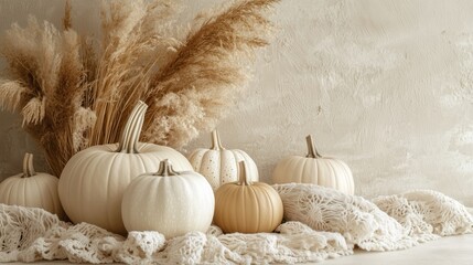 A stylish fall setup with white and beige pumpkins, pampas grass, and a textured knit blanket,...