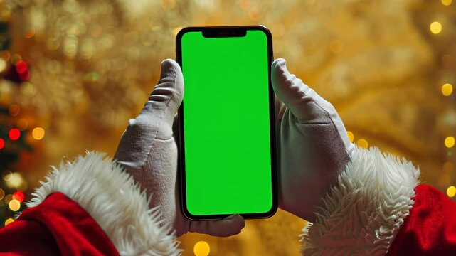 White gloves hands Santa Claus holding and showing smartphone with green chroma key screen in hands on festive background, Christmas new year sale promotions, app advertisements and holiday discounts