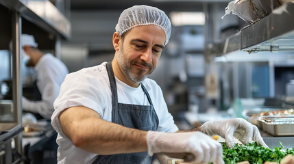 Food Worker Wearing a Hairnet and Gloves for Safety