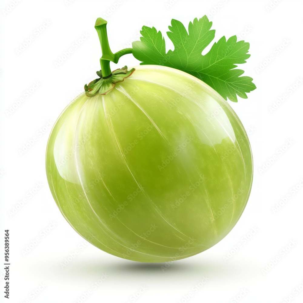 Sticker A single, ripe, green gooseberry with a leaf on a white background.