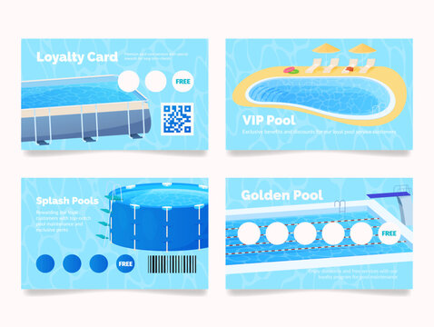 Swimming pool loyalty program card for sunbathing water recreation design template set vector - Powered by Adobe