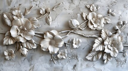 Elegant Floral Relief 3D Flower wall Art with Gold Accents on Marble Background. 3D floral marble...