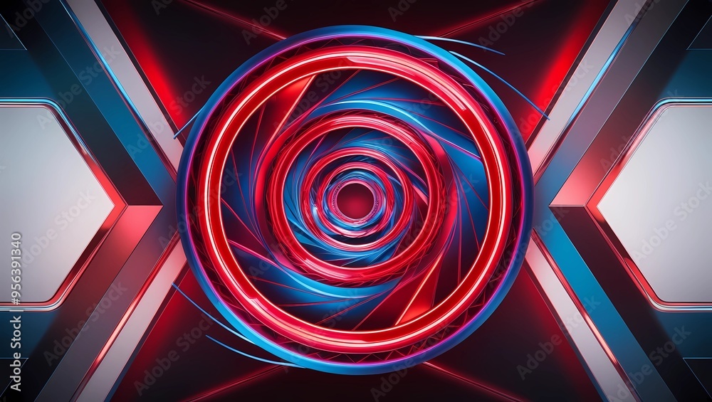 Wall mural abstract spiral illusion graphic design art with red and blue neon lines geometric shapes