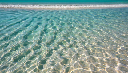 Obraz premium Crystal-clear turquoise water gently ripples over a sandy beach, reflecting sunlight and creating a peaceful, tropical atmosphere.