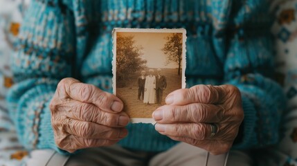 Fototapeta premium Heartwarming Moment as Grandparents Reveal Cherished Family History by Showing Old Photographs to Younger Relatives Preserving Memories and Strengthening Bonds