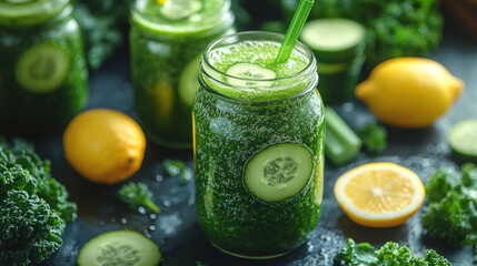 Fototapeta premium Green Juice: A refreshing green juice made with kale, cucumber, celery, and lemon, served in a glass bottle with a straw, perfect for a detoxifying drink.