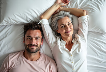 Happy couple wakes up in the bed.