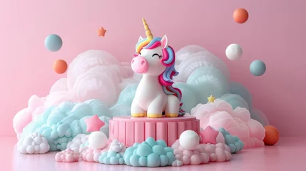 Wandcirkels Eenhoorn A whimsical unicorn figurine stands atop a pastel platform, surrounded by fluffy clouds and colorful spheres, evoking magical charm.  © STRONG STUDIO