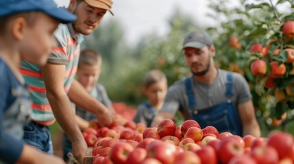Fototapeta premium family members spending time together picking fresh apples at a picturesque orchard a cherished seasonal activity filled with tradition and togetherness