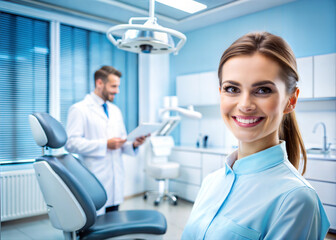 Smiling female dentist on background of modern clinic looking at camera. Dental care concept, advertisement