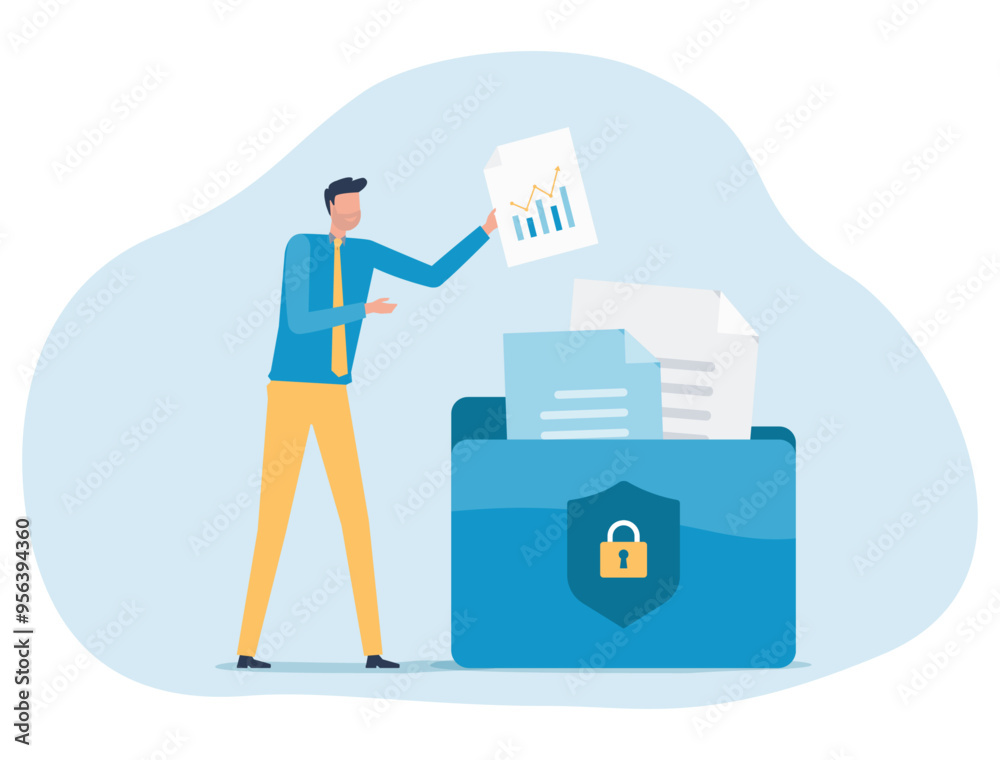 Aufkleber businessman save documents in folders. business data security. protect online files. technology data