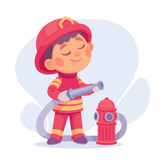Boy Firefighter with Hose as Child Profession Vector Illustration