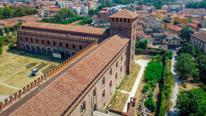 Aerial view of the Visconti castle of Pavia in Lombardy. large ancient fortress and splendid seat of a refined court. Museum and Italian cultural heritage in the tourist city of Pavia, Italy.