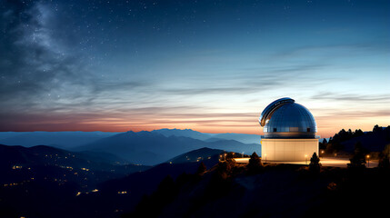 Obraz premium High up in the mountains, an observatory dome rises against the starry sky, providing a serene view of the universe