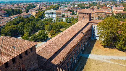Aerial view of the Visconti castle of Pavia in Lombardy. large ancient fortress and splendid seat of a refined court. Museum and Italian cultural heritage in the tourist city of Pavia, Italy.