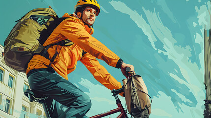 Male food delivery man in a helmet on a bicycle with a backpack, delivering food. AI Generated