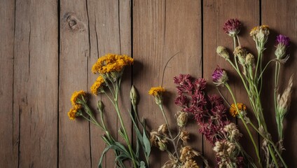 dried flowers on a wooden background, space for text
