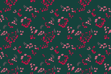 Opulent green seamless pattern with abstract artistic berries on a branches leaves. Stylized juniper, boxwood, viburnum, dogwood barberry print. Fashionable botanical illustration ornament
