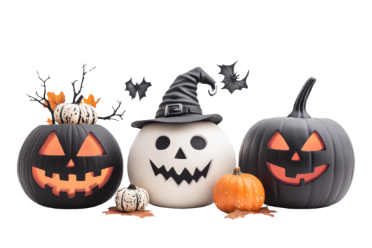 Halloween pumpkins with carved faces, one wearing a witch hat, surrounded by bats and leaves isolated on a white transparent background. Concept of Halloween celebration