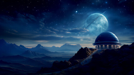 Obraz premium High up in the mountains, an observatory dome rises against the starry sky, providing a serene view of the universe
