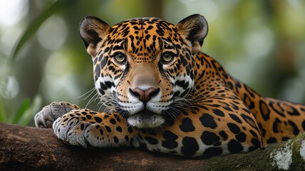 Close up of a jaguar resting on a tree