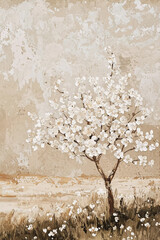 Painting of a cherry tree with white flowers on grunge background. Printable vertical wall art in neutral tones