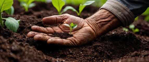 Expert hand of farmer checking soil health before growth a seed of vegetable or plant seedling, Business or ecology concept, analyze complex data sets in real-time, with a digital interface overlaid o
