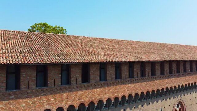 Aerial view of the Visconti castle of Pavia in Lombardy. large ancient fortress and splendid seat of a refined court. Museum and Italian cultural heritage in the tourist city of Pavia, Italy.