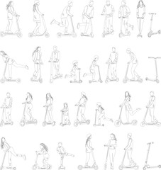 set of people riding scooters, sketch, outline on white background, vector