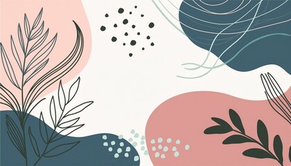 Colorful flowers and leaves poster background  Exotic plants, branches, flowers and leaves art print for beauty, fashion and natural 