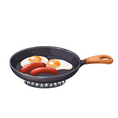 Frying eggs with sausages in cartoon pan on gas stove. Cooking hearty protein breakfast on hob fire. Morning food preparation mascot, cartoon hot metal skillet of fried eggs vector illustration