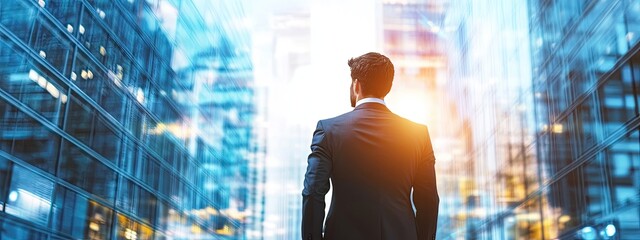 Photo of a businessman looking at an office building.