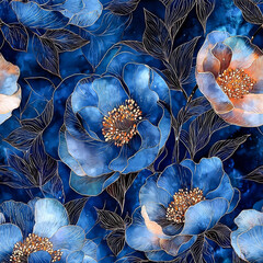 Semi abstract flowers on dark blue background. Floral seamless pattern. Design for fabric textile