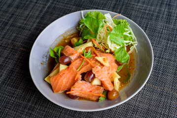 Thai food menu Close-up, Spicy Salmon Salad