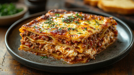 A hearty slice of lasagna, showcasing the layers of pasta, meat sauce, ricotta, and melted cheese, with a side of garlic bread.