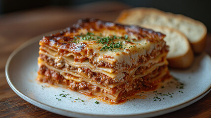 A hearty slice of lasagna, showcasing the layers of pasta, meat sauce, ricotta, and melted cheese, with a side of garlic bread.