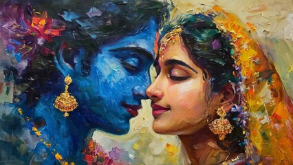 Krishna and Radha portrait symbolizing their love in a beautiful artistic painting style, depicting divine connection and spirituality new beautiful stock image illustration AI