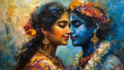 Krishna and Radha portrait symbolizing their love in a beautiful artistic painting style, depicting divine connection and spirituality new beautiful stock image illustration AI