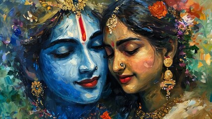 Krishna and Radha portrait symbolizing their love in a beautiful artistic painting style, depicting divine connection and spirituality new beautiful stock image illustration AI