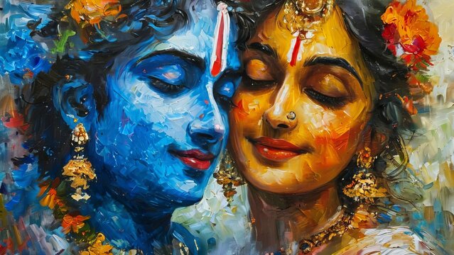 Naklejki Krishna and Radha portrait symbolizing their love in a beautiful artistic painting style, depicting divine connection and spirituality new beautiful stock image illustration AI