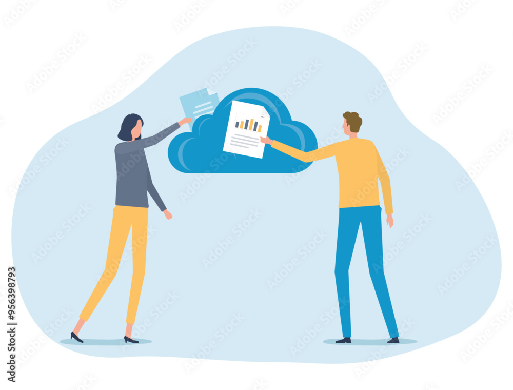 Poster Business technology cloud computing server service. technology file data backup on cloud storage concept. people team working.
