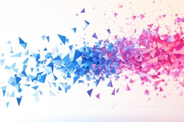 Fototapeta premium Abstract background with blue and purple polygonal shapes on a white backdrop, flying triangles, crystals, and confetti in motion.