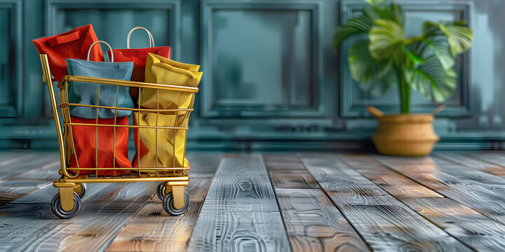 Photography of Vibrant Minimalist Red, Yellow and Blue Shopping Bags in a Shopping Cart and Eco-friendly Tote with Tropical Design Next to Palm Tree, Perfect for Green Living - Powered by Adobe