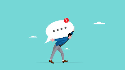 man carrying big speech bubble with lots of notifications, customer service concept, managing customer chat manually