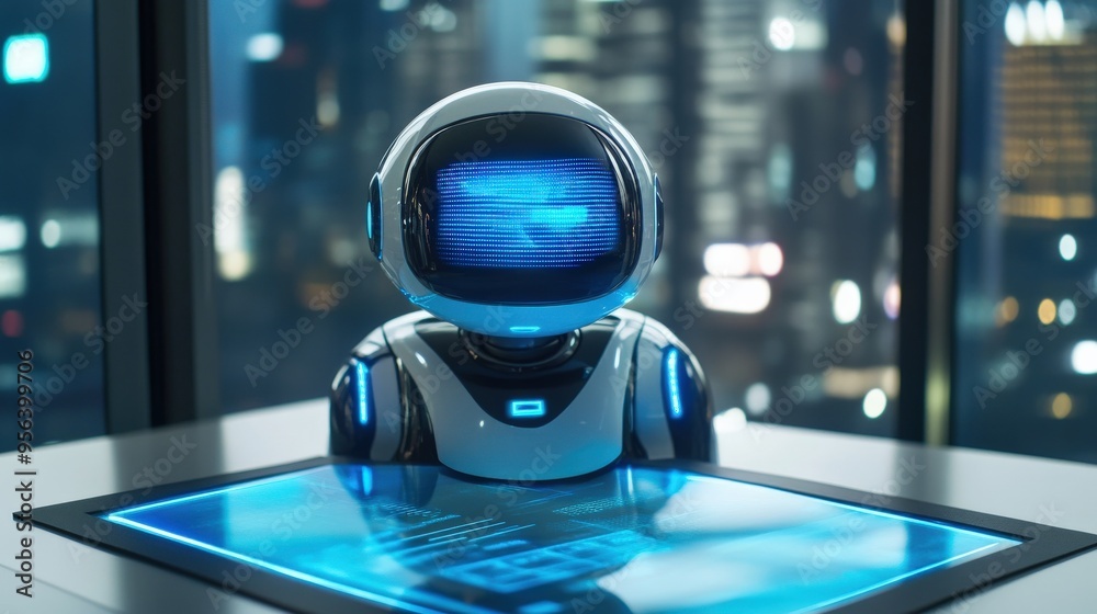 Poster a sleek robot with a glowing blue interface interacts with a holographic display in a high-tech offi
