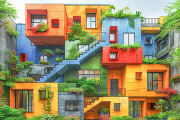 Fototapeta premium Colorful modern building facade covered in plants