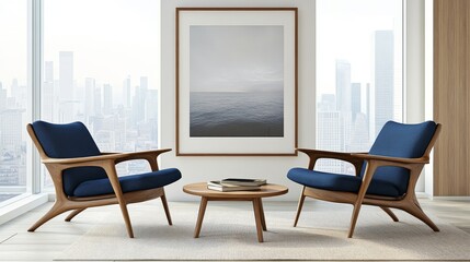 Two Modern Armchairs with Wooden Frame and Blue Upholstery Facing Each Other in a Modern Living Room