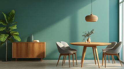 Mint-colored chairs around a round wooden dining table in a room with a sofa and cabinet, set against a green wall. The interior design features a Scandinavian, mid-century modern style.
