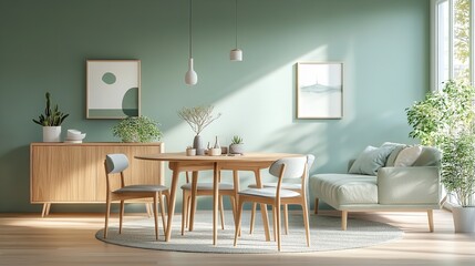 Fototapeta premium Mint-colored chairs around a round wooden dining table in a room with a sofa and cabinet, set against a green wall. The interior design features a Scandinavian, mid-century modern style.