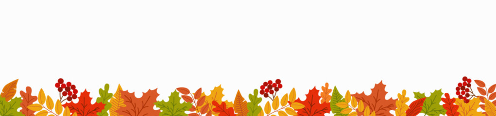 Autumn banner template with orange, yellow, green different leaves and branches of ripe red rowan. Hand drawn vector illustration isolated on white background. Modern flat cartoon style.